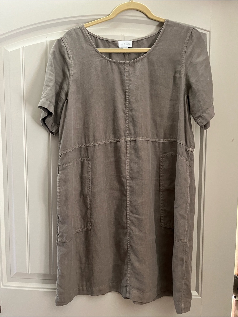 Short Sleeve Taupe Shift Dress with Front Pockets
